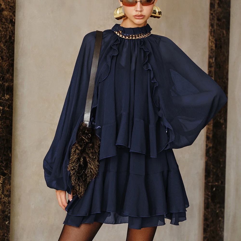 Commense Navy Blue Ruffled Dress